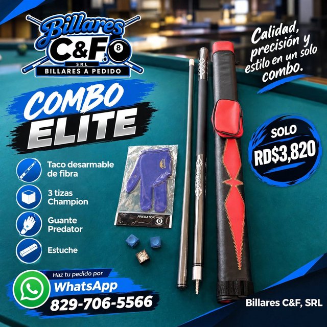 Combo Elite de Billares C&F: taco desarmable de fibra, tizas Champion, guante Predator y estuche, sobre el paño verde de una mesa de billar