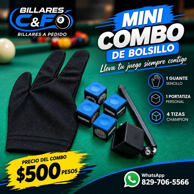 Mini Combo de Bolsillo: guante sencillo negro, portatiza personal y cuatro tizas Champion sobre el paño verde de la mesa